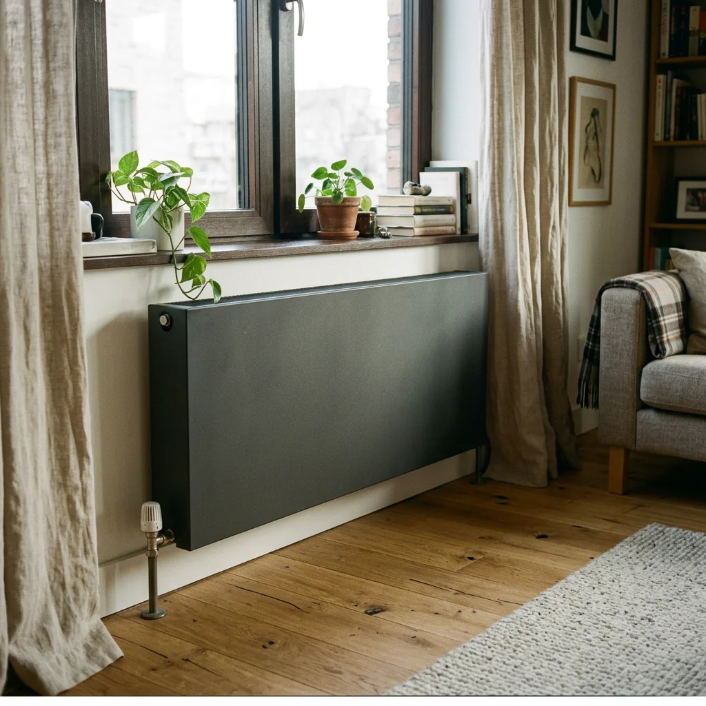 Radiateur à panneau plat gris anthracite installé sous une fenêtre dans un salon chaleureux avec parquet en bois et rideaux en lin.