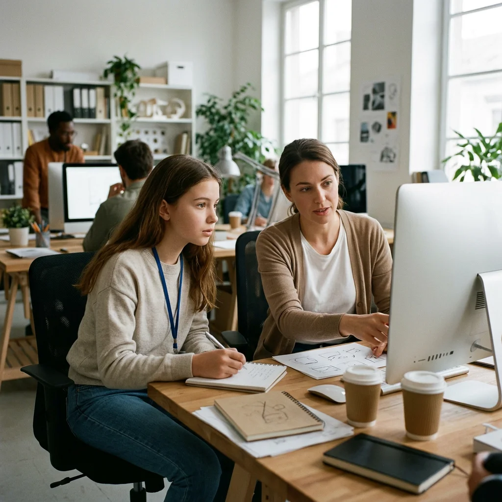 Stage d'observation : une collégienne découvre le monde professionnel Une adolescente portant un badge prend des notes pendant qu'une femme lui explique quelque chose en pointant l'écran d'un ordinateur, dans un bureau lumineux.