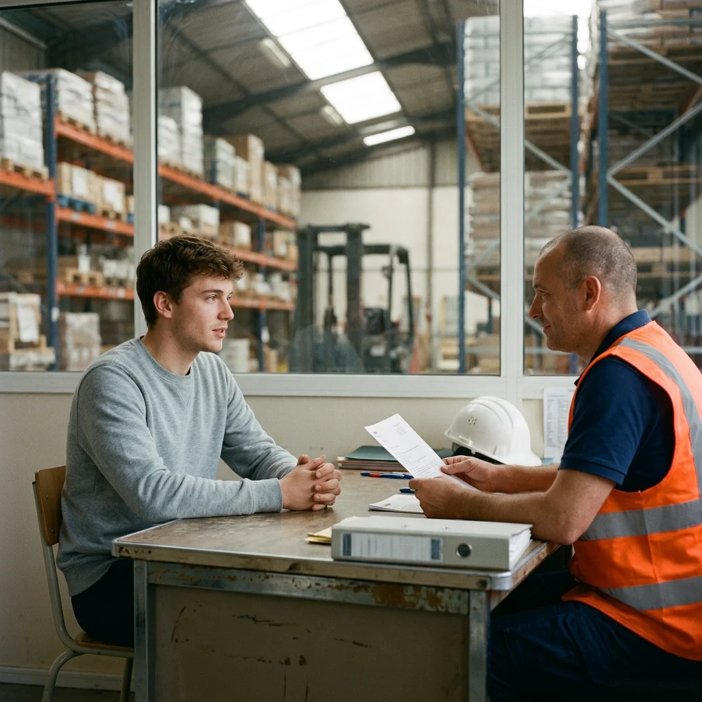 Jeune cariste qui répond à un chef de dépôt sur sa volonté de rester dans l’entreprise lors d’un entretien dans un entrepôt