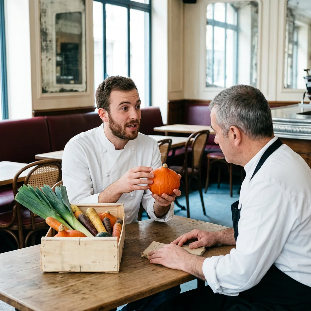 Cuisinier qui explique au chef d’une brasserie comment il se tient informé de son métier lors d’un entretien d’embauche