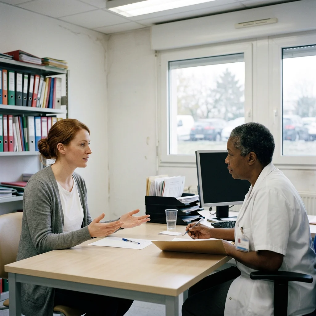 Secrétaire médicale qui raconte un désaccord avec sa responsable à une cadre de santé lors d’un entretien d’embauche à l’hôpital