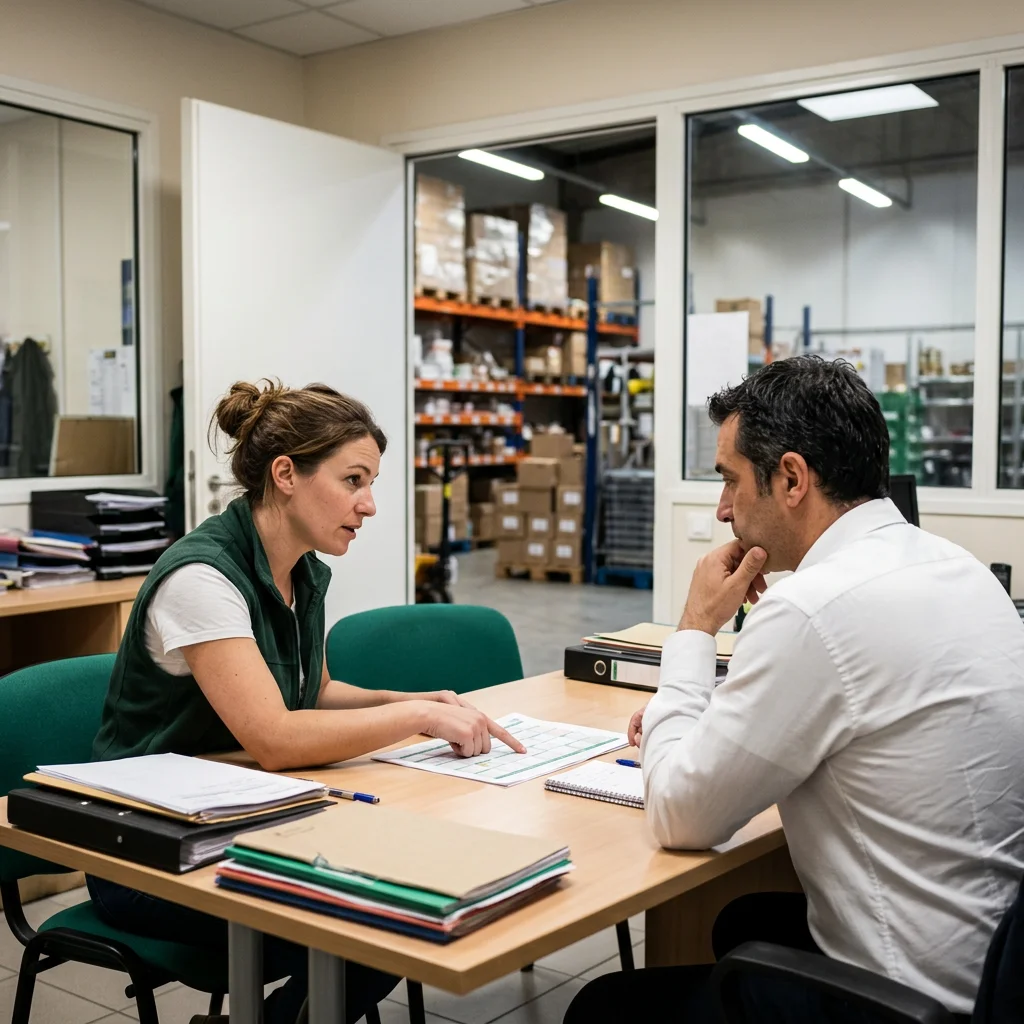 Candidate qui présente ses disponibilités avec un planning à un responsable de magasin lors d’un entretien d’embauche