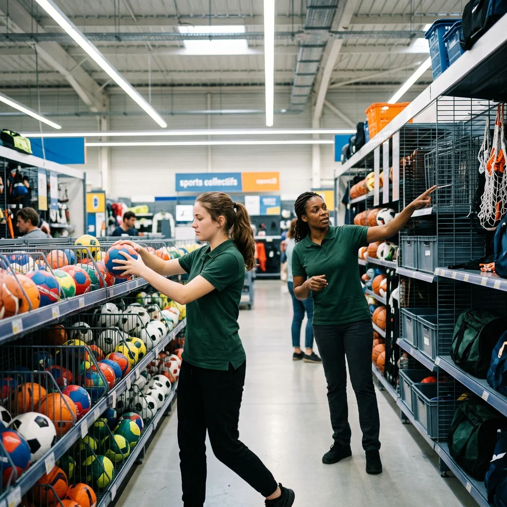 Jeune alternante qui met en rayon des ballons dans un magasin de sport, sous le regard de sa tutrice