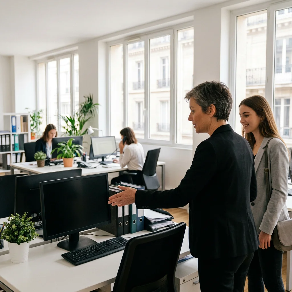 Responsable qui montre un bureau libre à une candidate dans un open space d’agence, en fin d’entretien