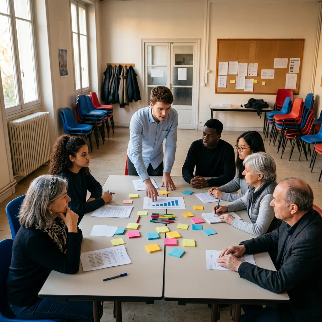 Groupe d’étudiants qui présentent une étude de marché devant le bureau d’une association, autour d’une grande table