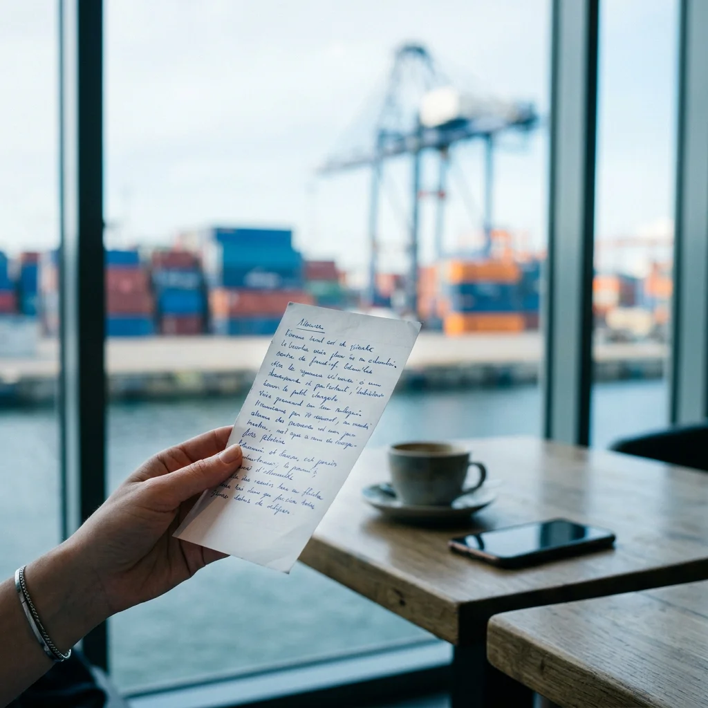 Main qui tient une fiche bristol couverte de phrases manuscrites, devant une fenêtre donnant sur des conteneurs portuaires