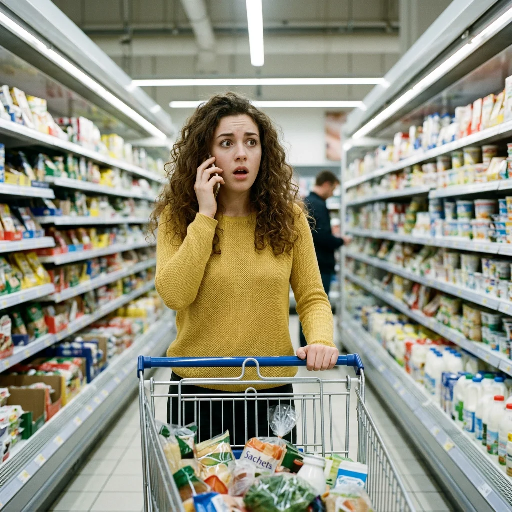 Jeune femme surprise par un appel au milieu d’un rayon de supermarché, son téléphone à l’oreille et la main sur son chariot