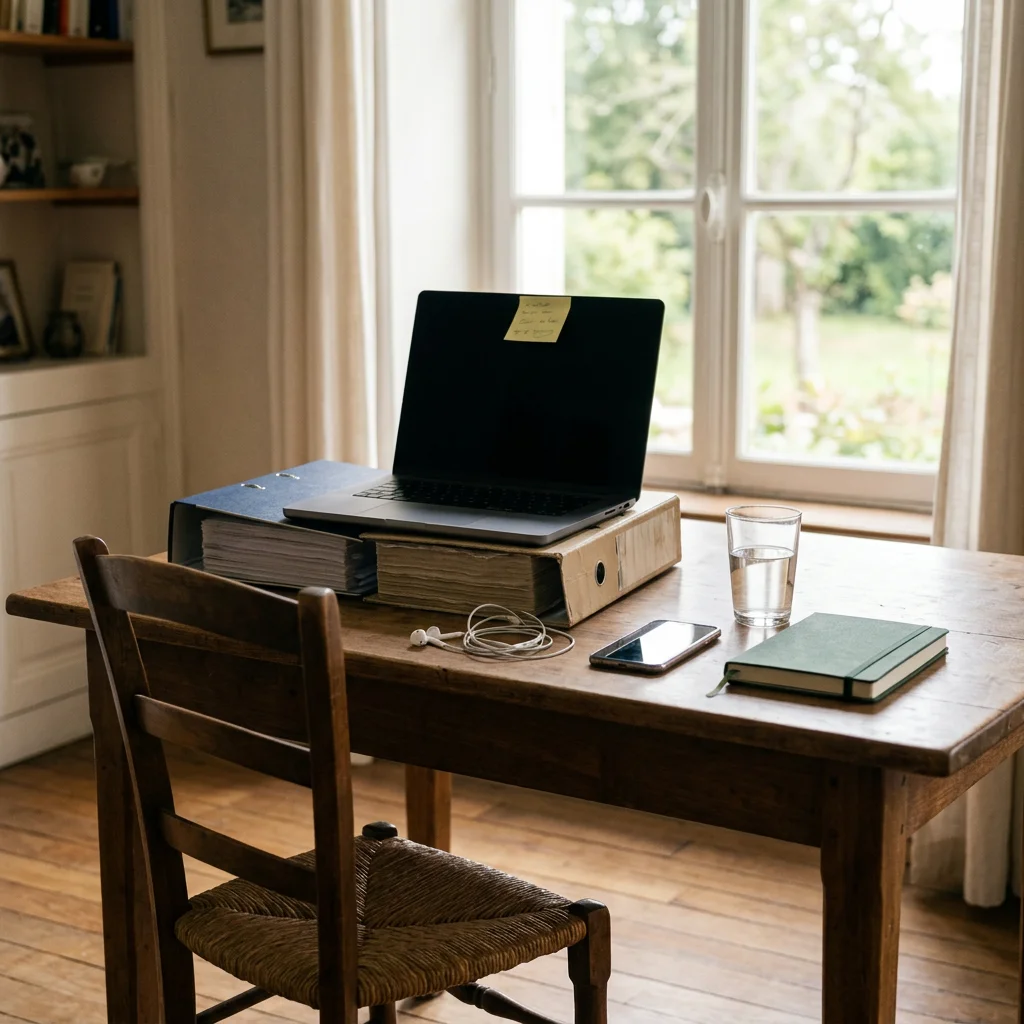 Poste de travail préparé pour un entretien en visio : ordinateur surélevé sur des livres, écouteurs, post-it et téléphone
