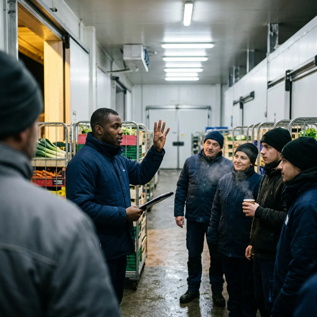 Chef d'équipe qui explique une consigne sur ses doigts à cinq préparateurs en vestes isothermes, dans un entrepôt de produits frais