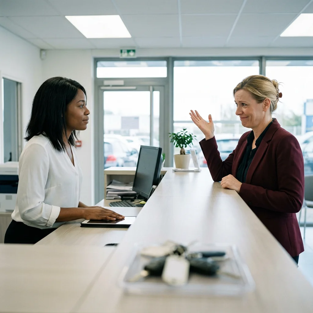 Candidate qui réalise une mise en situation face à une responsable jouant un client lors d’un recrutement en agence
