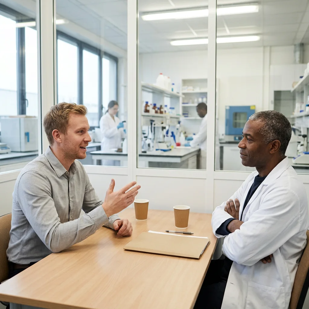 Candidat qui présente son projet professionnel au responsable d’un laboratoire d’analyses lors d’un entretien d’embauche