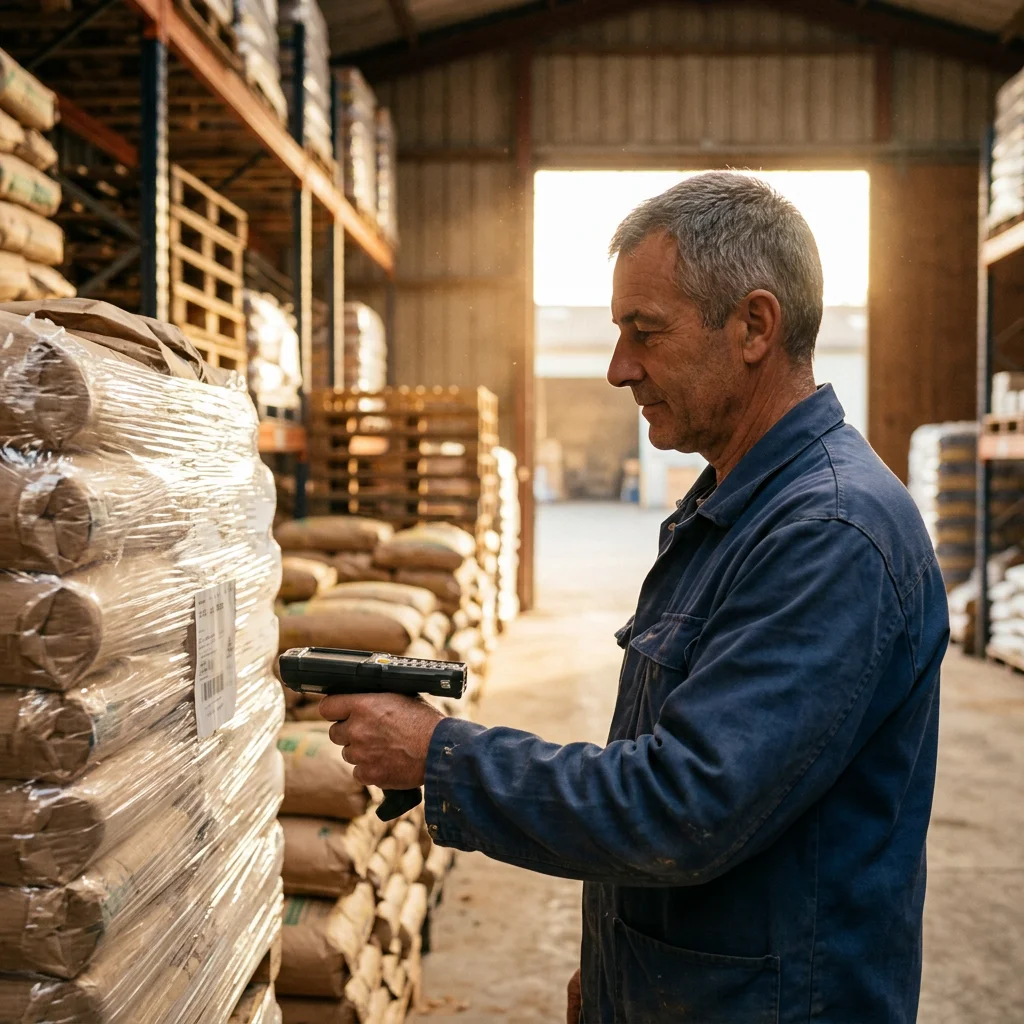 Magasinier quinquagénaire qui scanne une palette dans l’entrepôt d’une coopérative agricole, l’air serein