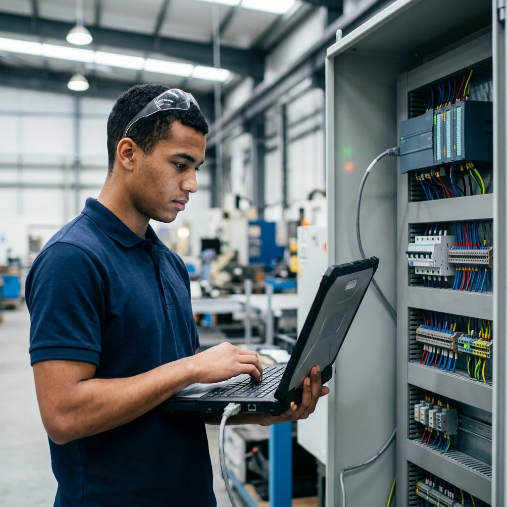 Jeune technicien qui programme un automate avec un ordinateur portable branché dans une armoire électrique