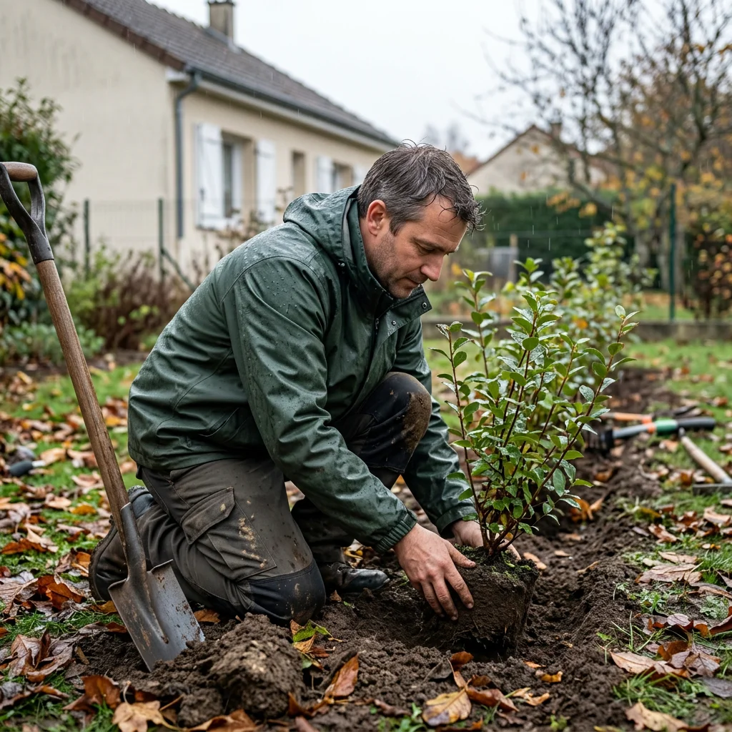 Jardinier paysagiste en reconversion qui plante une haie sous une pluie fine, en tenue de travail
