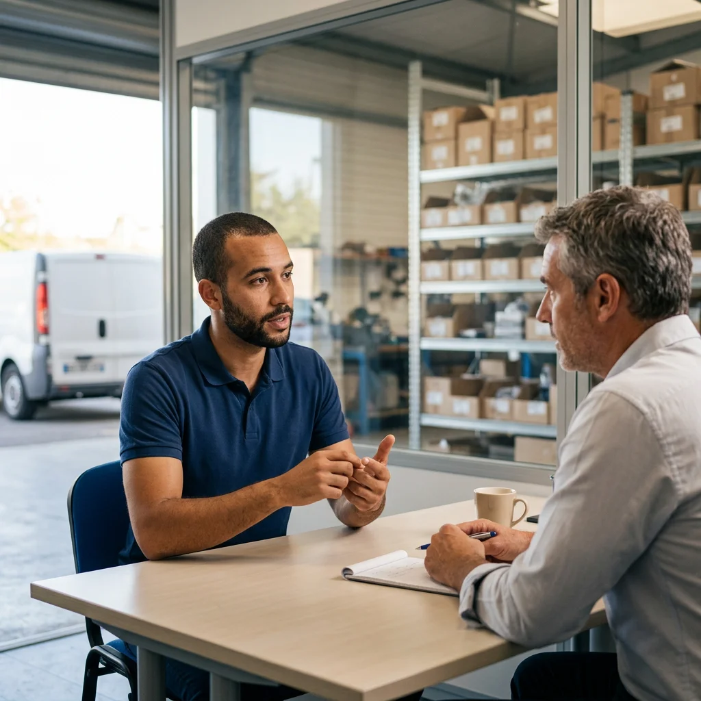 Candidat qui répond avec calme à « Qu’est-ce qui vous démotive ? » face à un responsable d’agence en entretien d’embauche