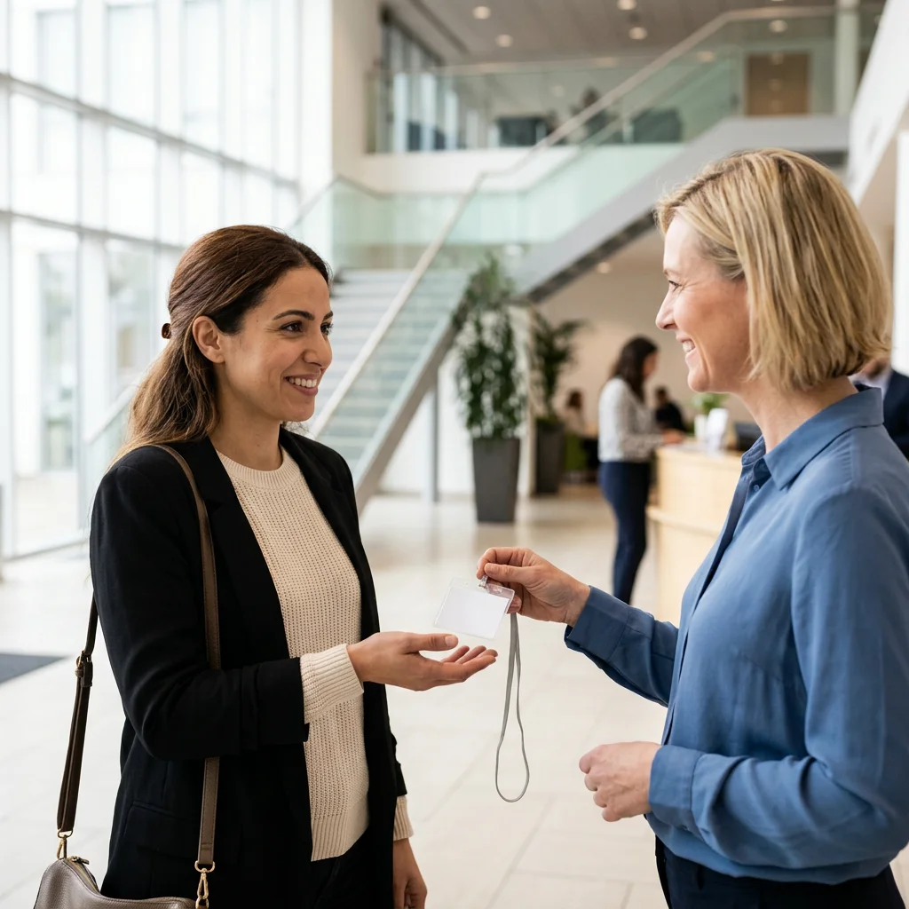 Nouvelle salariée accueillie à l’entrée d’un siège régional, qui reçoit son badge des mains d’une collègue