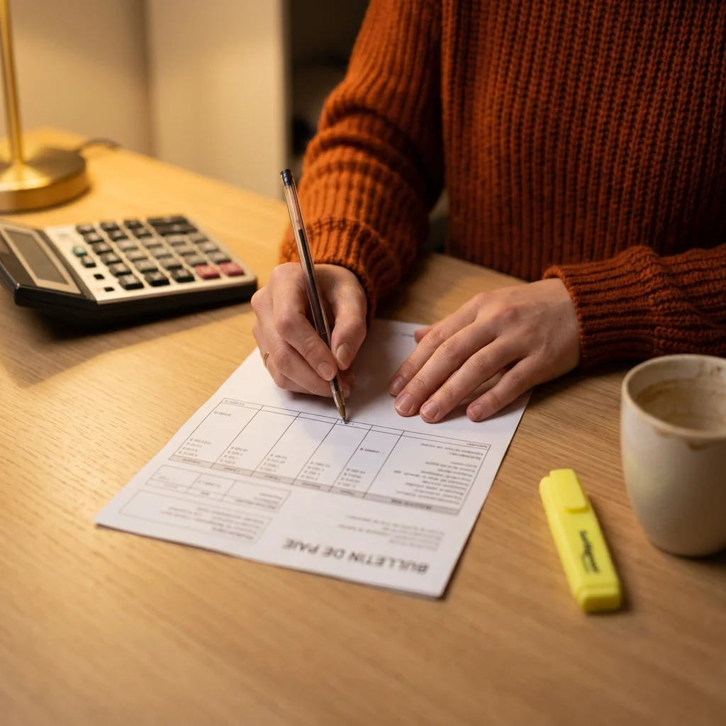 Mains d’une gestionnaire de paie qui vérifie une ligne de bulletin de salaire avec un stylo, à côté d’une calculatrice