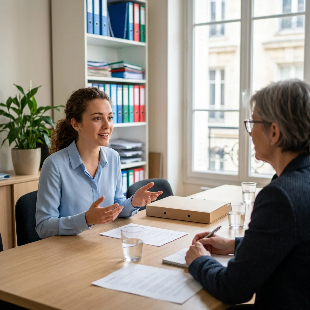 Candidate qui explique avec conviction ses motivations à une recruteuse lors d’un entretien d’embauche dans un cabinet comptable