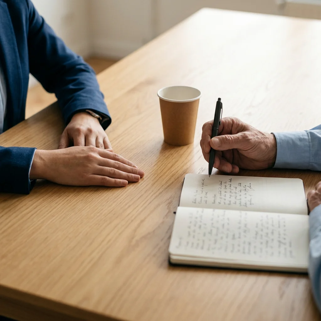 Gros plan sur la main d’une candidate posée à plat sur une table face à la main d’un recruteur qui tient un stylo immobile