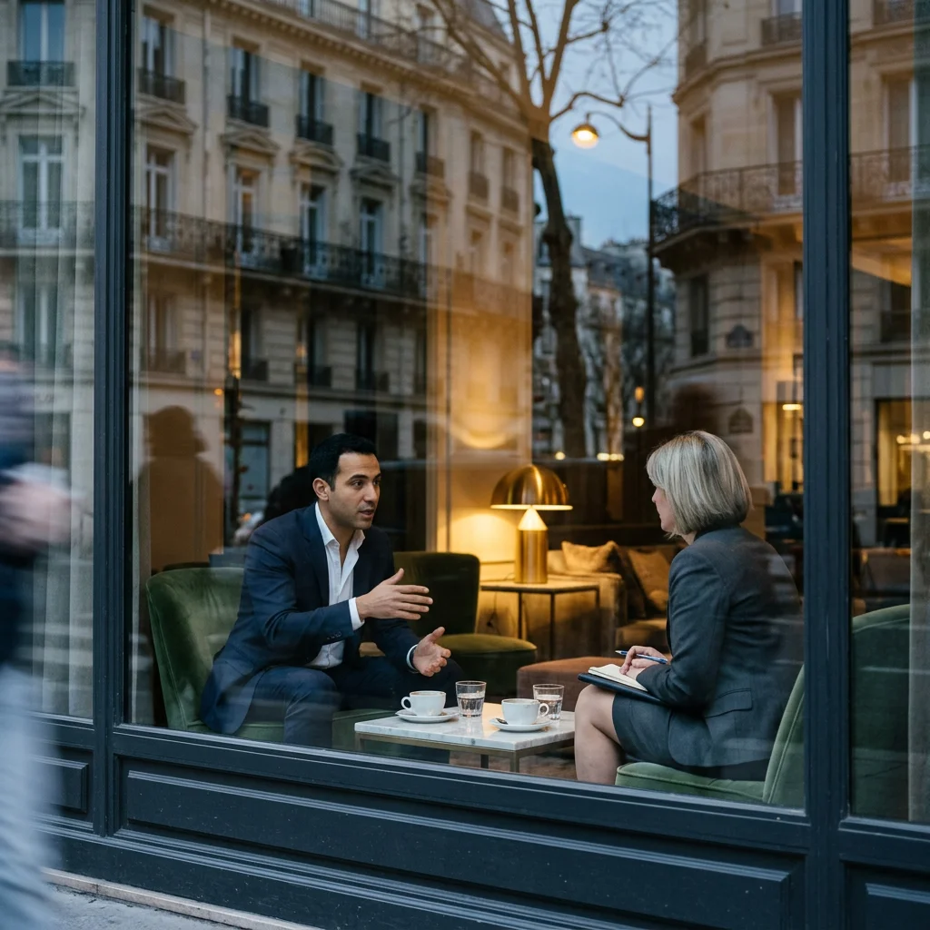 Réceptionniste candidat qui raconte une situation difficile gérée à la directrice d’un hôtel lors d’un entretien d’embauche